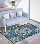 Machine washable blue Persian-style medallion rug.
